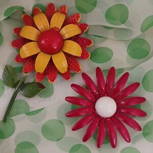 Vintage  Red and Yellow Floral Brooch Set